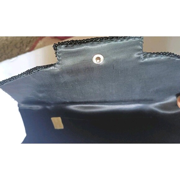 Vintage Seed Bead Sequins Clutch Bag Black Handmade Sparkly Rose Bead Pattern - Picture 9 of 10